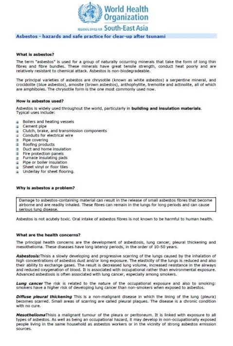 Asbestos - hazards and safe practice for clear-up after tsunami