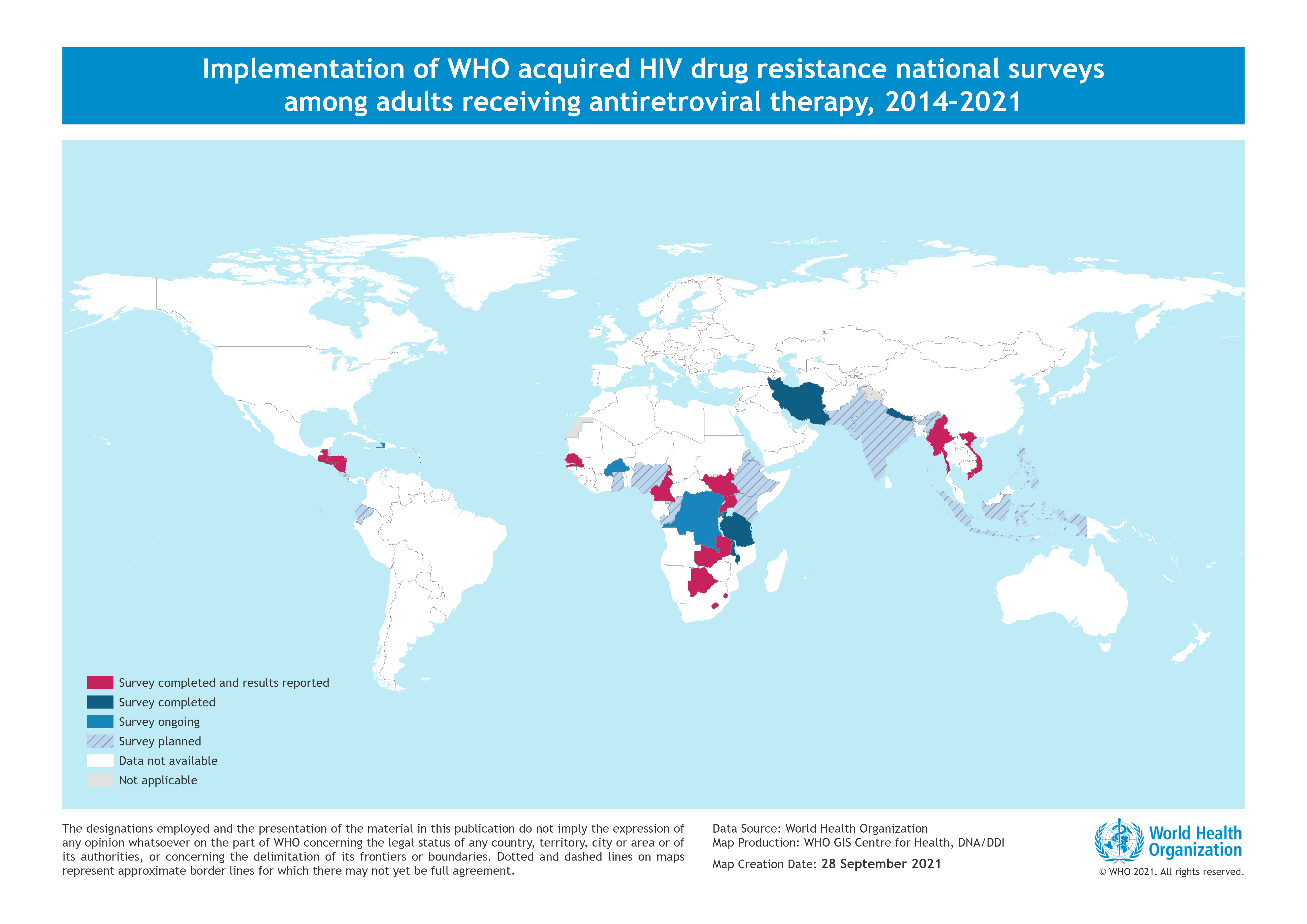 Map of countries implementing WHO acquired HIV drug resistance national surveys among adults receiving antiretroviral therapy, 2014–2021