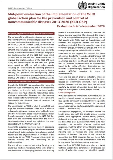 Mid-point evaluation of the implementation of the WHO
global action plan for the prevention and control of
noncommunicable diseases 2013-2020 (NCD-GAP): Evaluation brief – November 2020