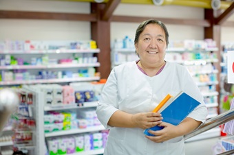 Pharmacy staff at work in Kyrgyzstan.