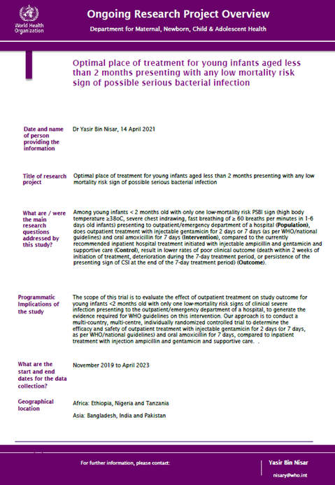 Optimal place of treatment for young infants aged less
than 2 months presenting with any low mortality risk
sign of possible serious bacterial infection