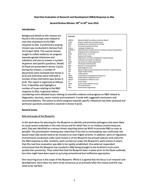 Real-time Evaluation of Research and Development (R&D) Response to Zika